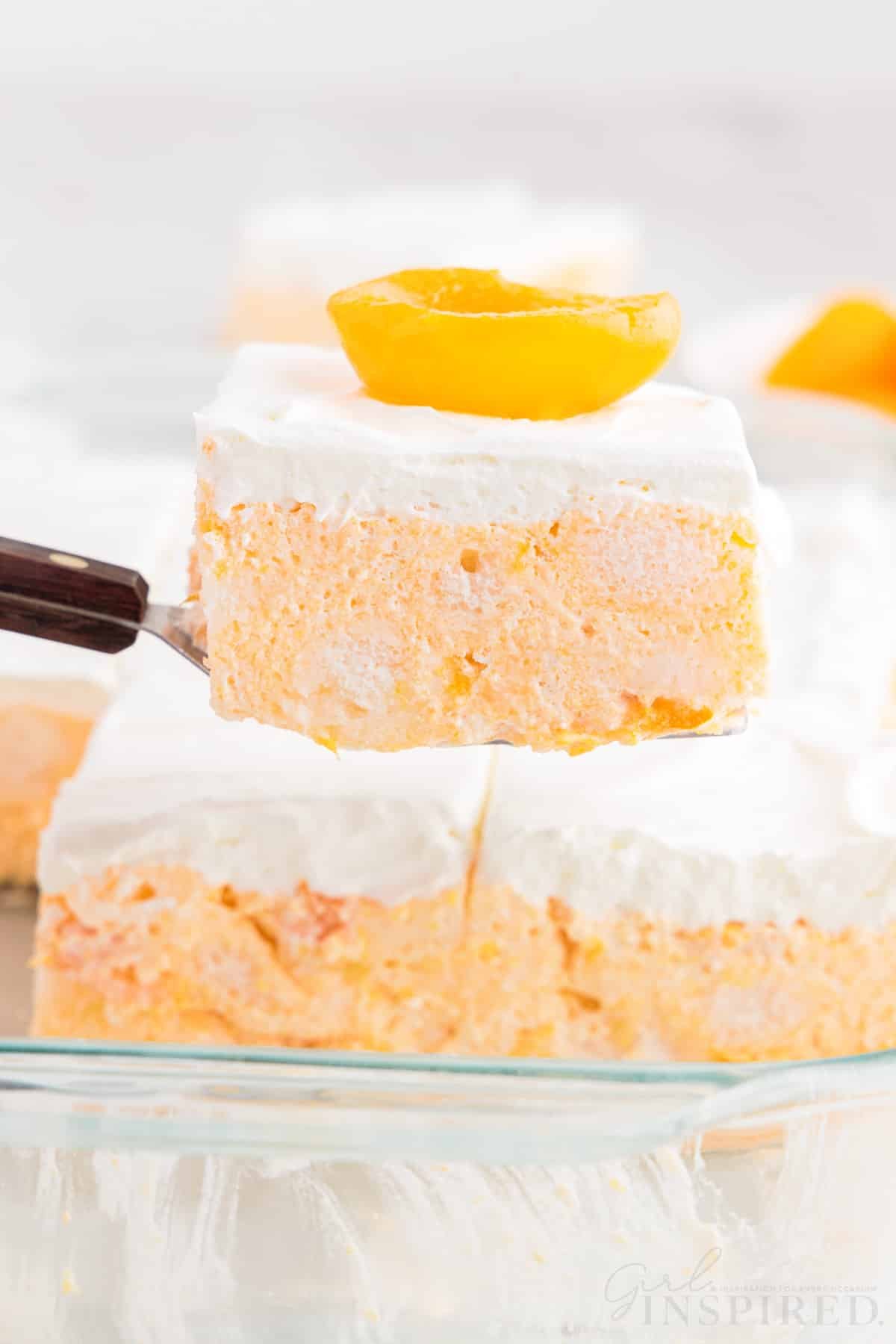 A slice of Apricot Delight on a spatula with an apricot on the top.