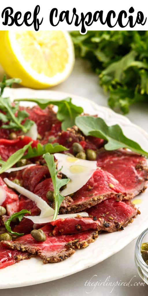 Front view of a plate of Beef Carpaccio.