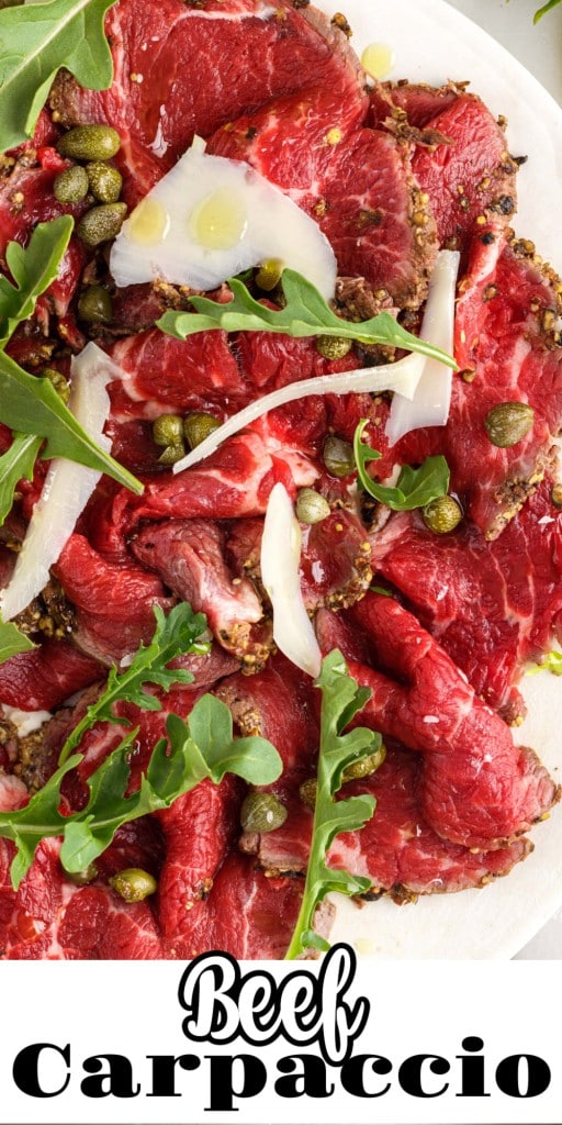 close up of a plate of Beef Carpaccio.