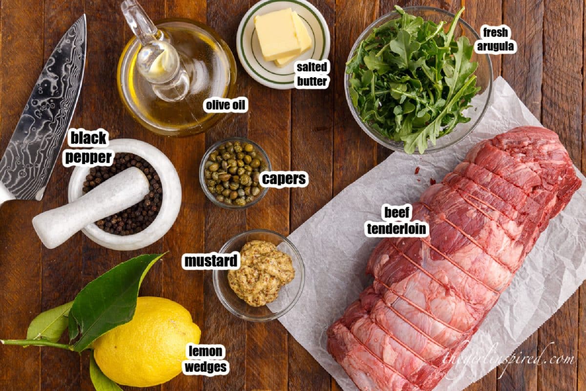 Ingredients needed to make Beef Carpaccio with text labels.