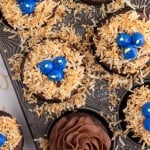 Chocolate cupcakes in a muffin tin, some topped with chocolate frosting swirl and some topped with toasted coconut and blue frosting "birds" to resemble bird nest cupcakes.