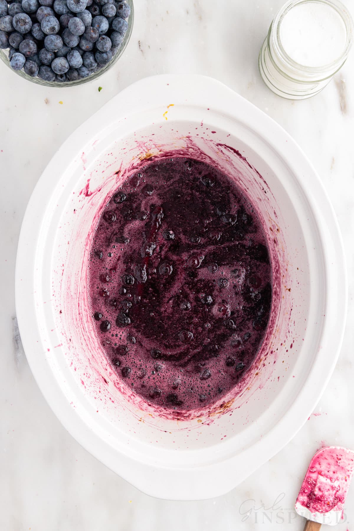 Blueberry Butter after being blended with immersion blender.