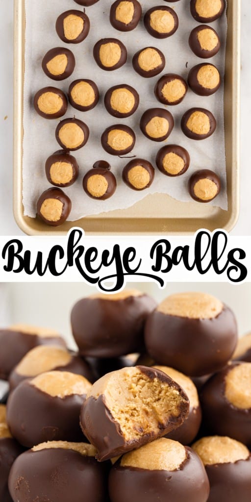 Buckeye Balls on a parchment paper lined cookie sheet and close up of stacked buckeye balls with a bite missing from one