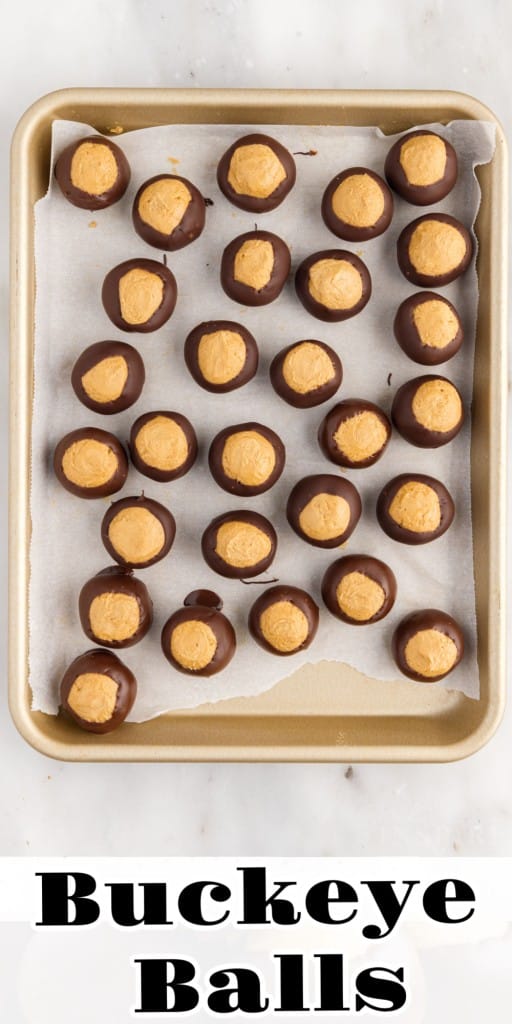 Buckeye Balls on a parchment paper lined cookie sheet.