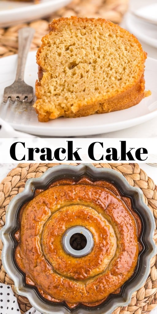 A slice of crack cake on a small white plate and overhead view of baked crack cake in a bundt pan