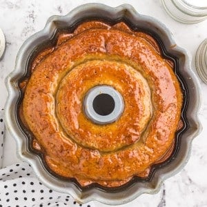 Overhead view of baked crack cake with glaze on top