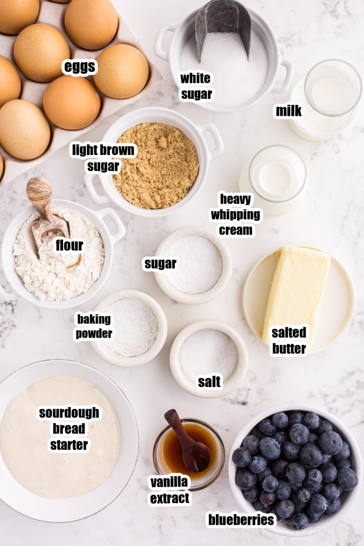 Ingredients needed to make Sourdough Blueberry Muffins.