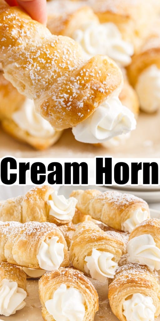 A cream horn held in hand and front close up of Cream Horns.