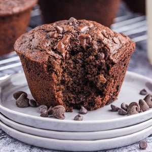 Close up of a single double chocolate muffin with a bite removed, plated on stacked serving plates.