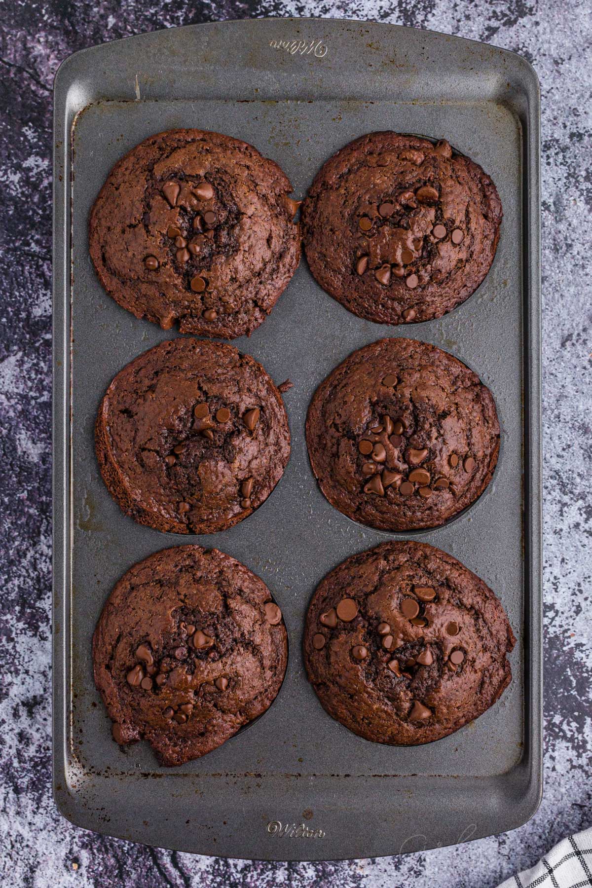 Overhead view of baked double chocolate muffins in a muffin pan.