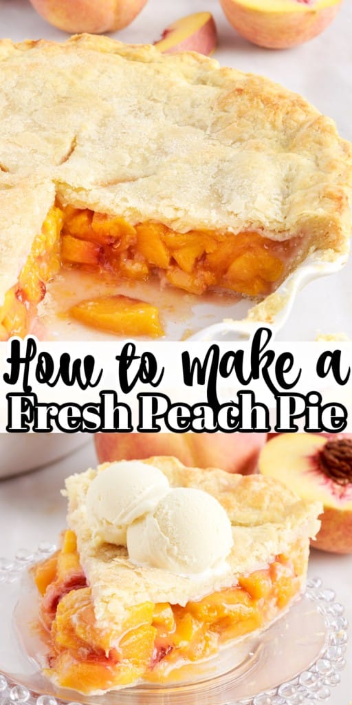 Front view of a peach pie in a white baking dish with a big slice removed from it and a slice of Fresh Peach Pie on a small dish with two scoops of vanilla ice cream on top.