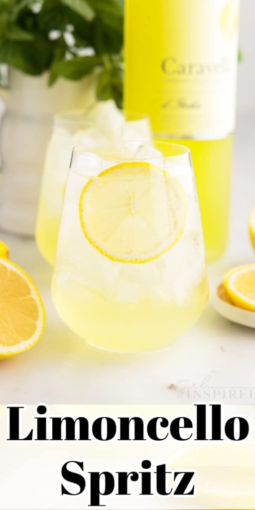 Two glasses of Limoncello Spritz one garnished with a slice of lemon and lemons around the drinks.