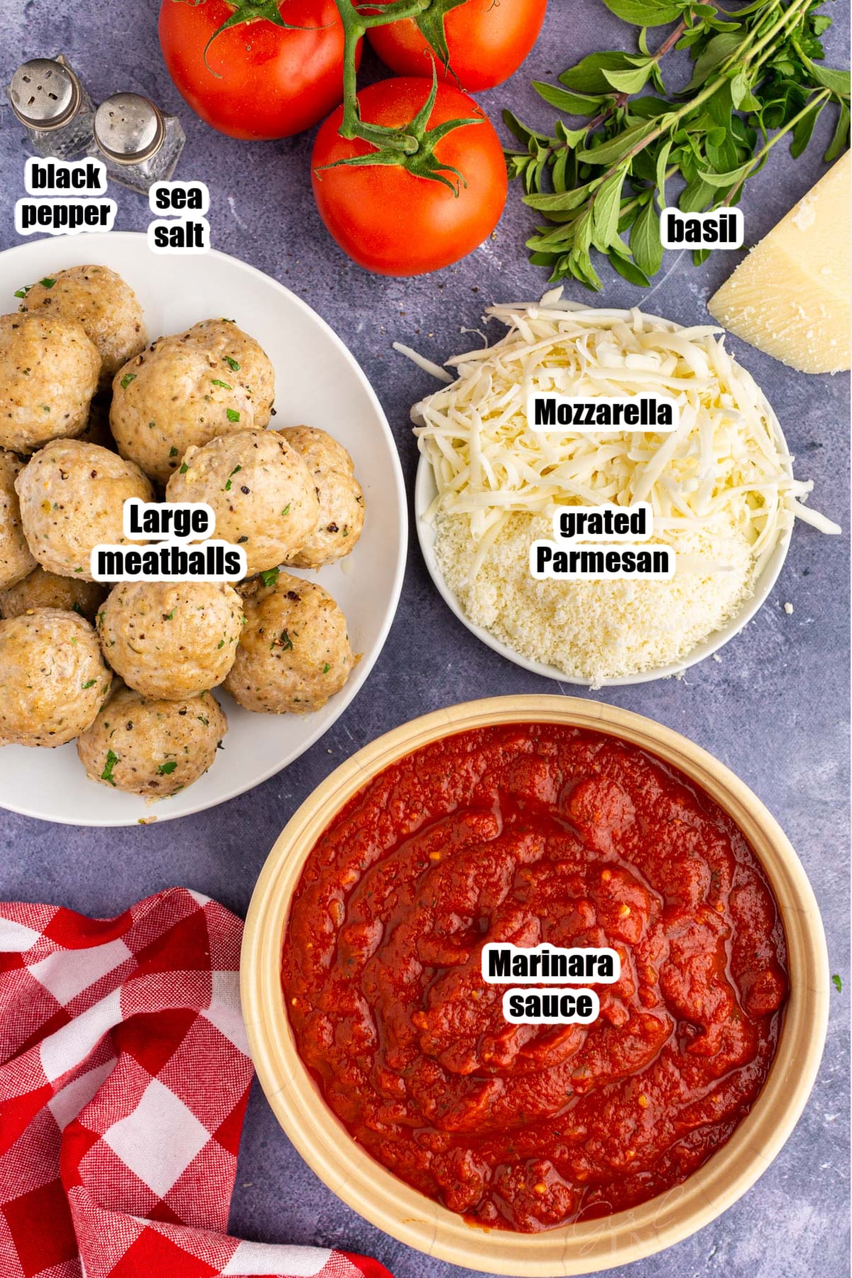 Labeled ingredients for the Meatball Parmesan.