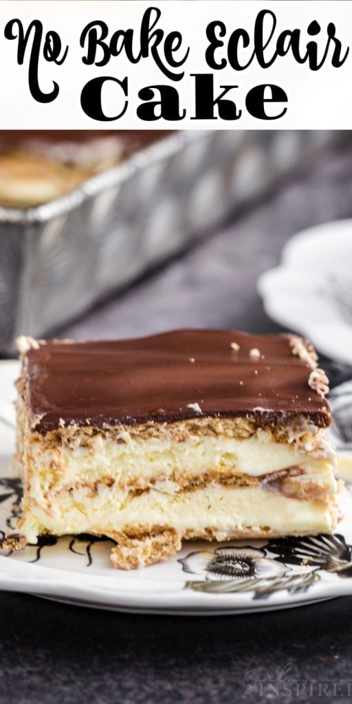 Slice of no bake eclair cake on a serving plate, tray of eclair cake in the background.