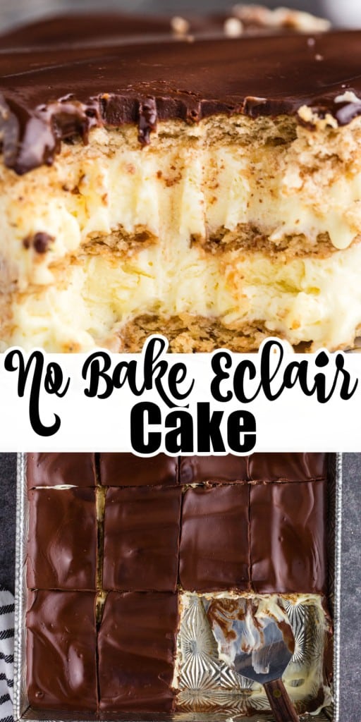 Close up of no bake eclair cake with forkful removed and Overhead view of tray of no bake eclair cake.