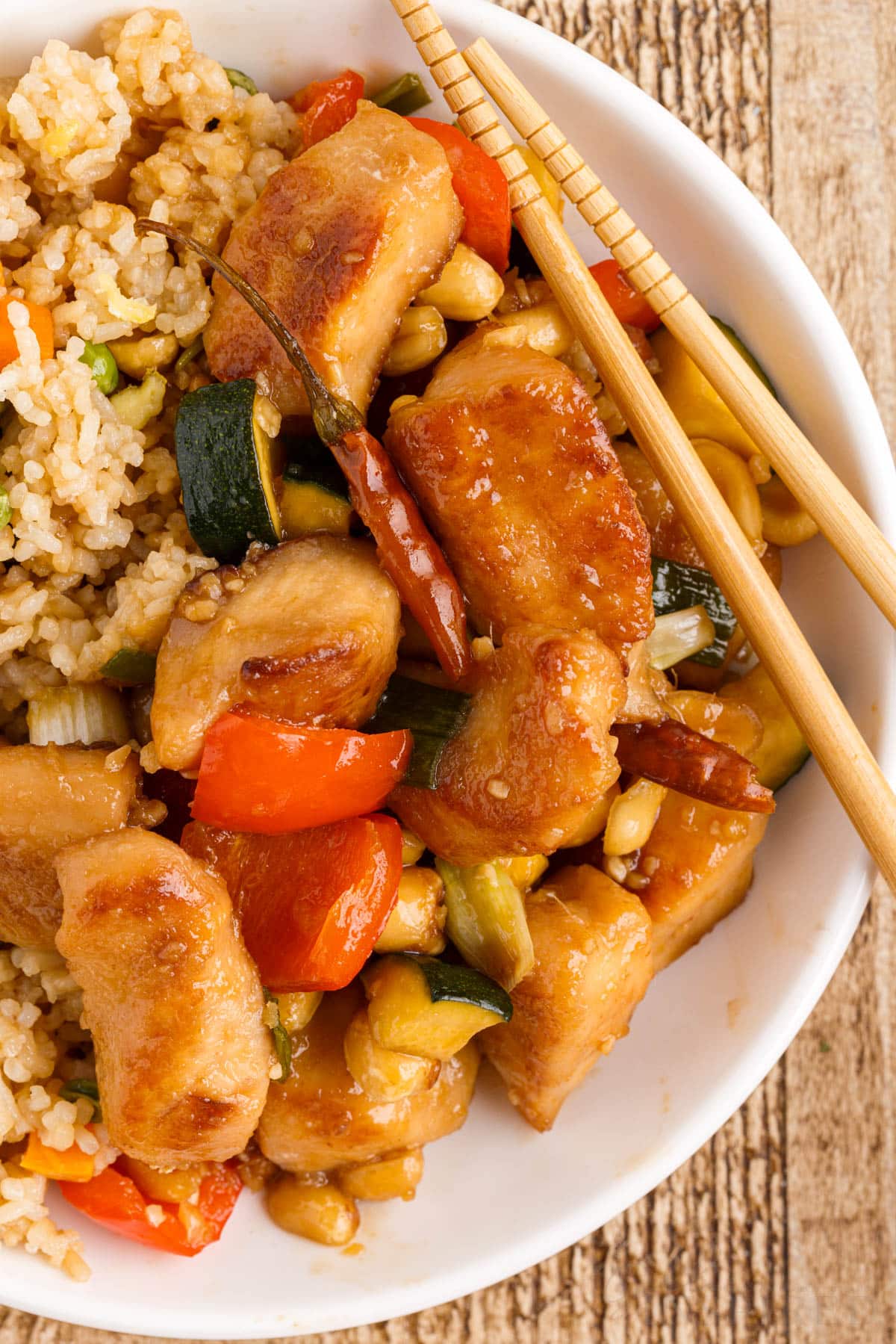 Panda Express Fried Rice in a bowl with chicken.