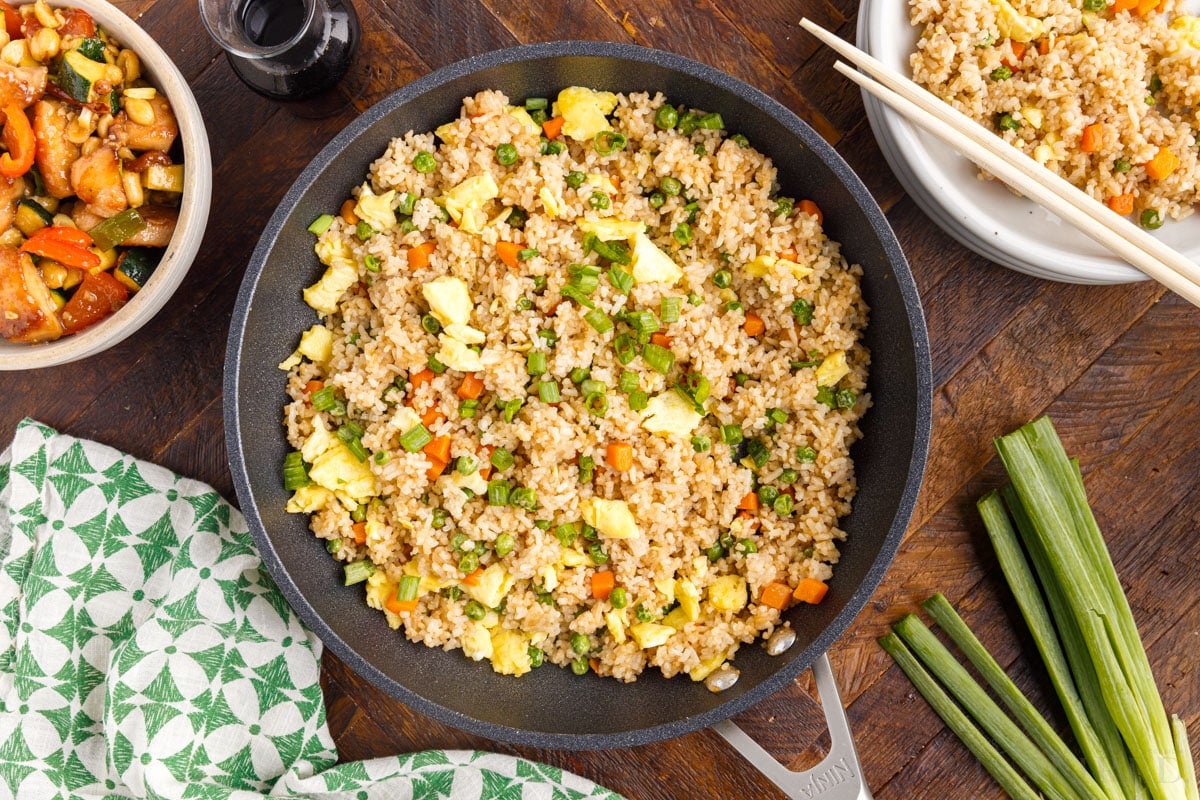 Overhead view of a skillet of Panda Express Fried Rice.