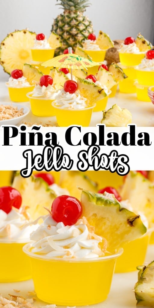 Piña Colada Jello Shots garnished with whipped cream, toasted coconut, cherry, and a slice of pineapple.