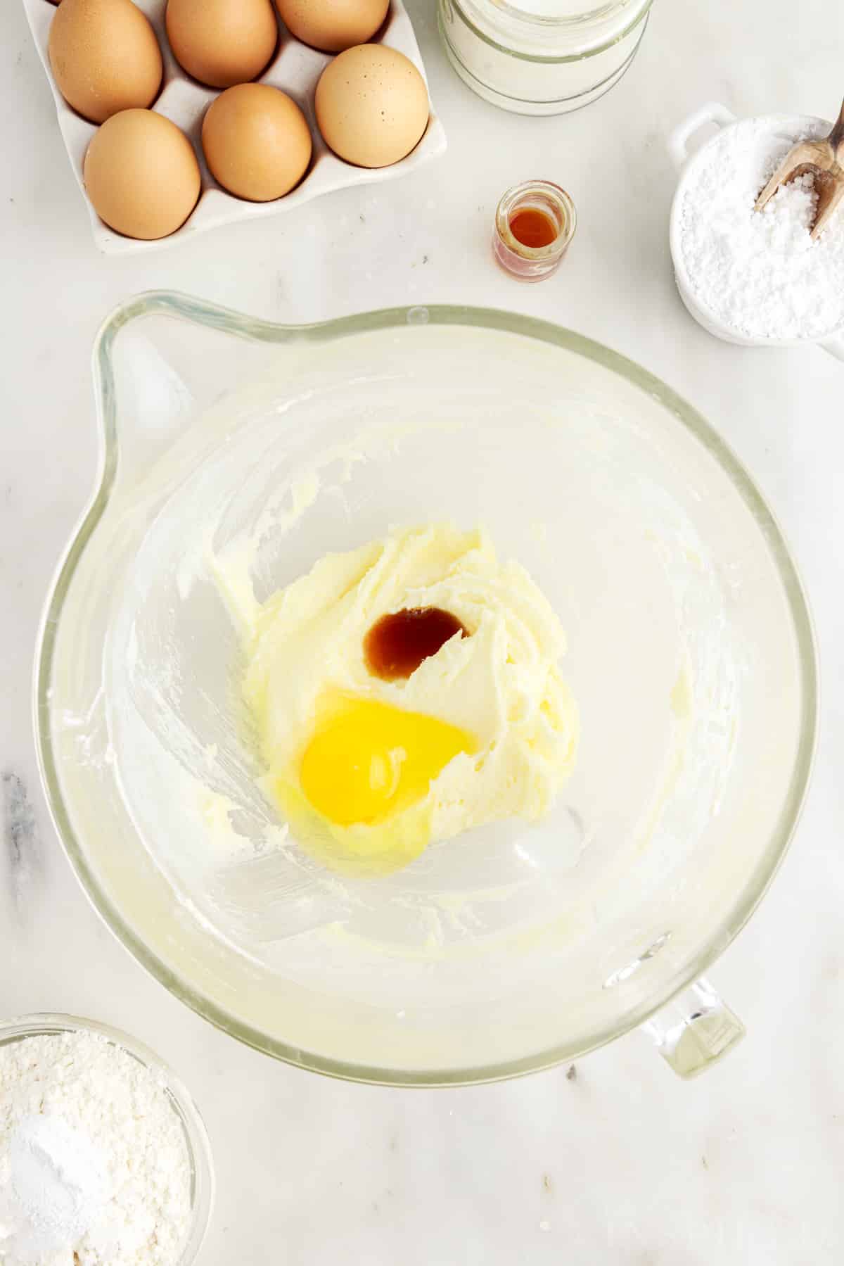Egg and vanilla added to the cream mixture.