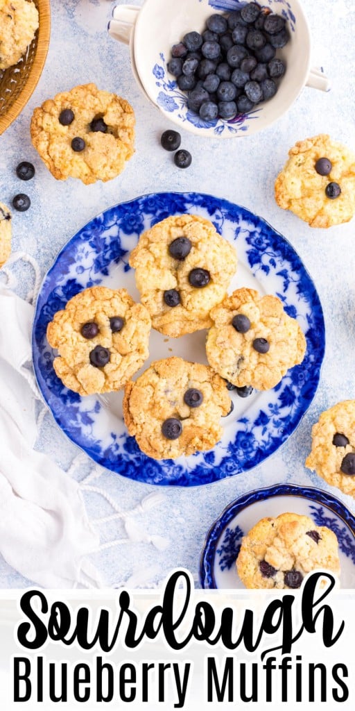 Overhead shot of sourdough blueberry muffins in a serving plate and scattered around the countertop with blueberries in a bowl
