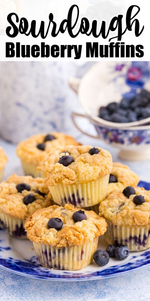 A plate of Sourdough Blueberry Muffins stacked on each other with blueberries in a bowl in the background