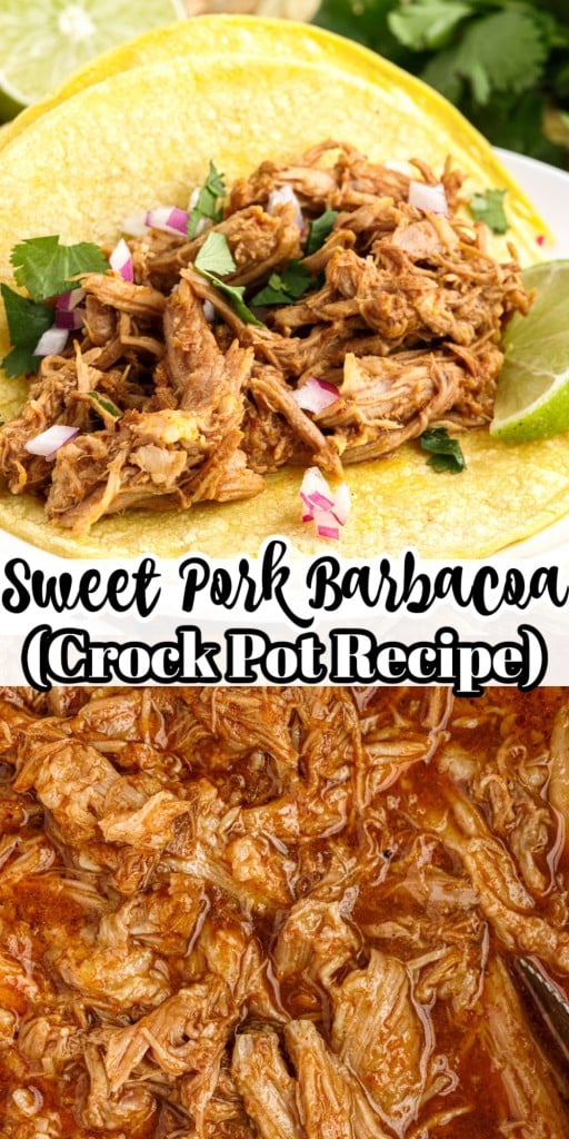 Soft taco shells full of Pork Barbacoa on a plate on top and close up of Tongs in Pork Barbacoa in a crock pot in the bottom half