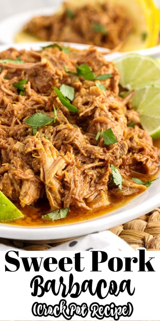 Close up of Pork Barbacoa on an oval platter with limes.