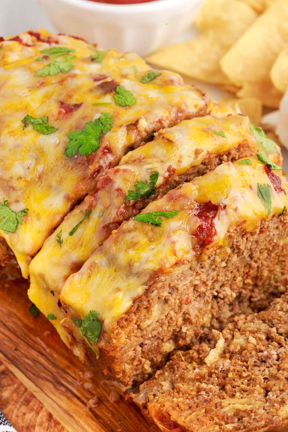 Close up of Taco Meatloaf cut into slices.
