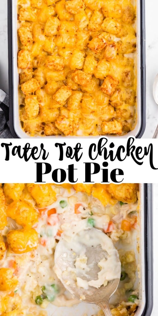 Overhead view of tater tot chicken pot pie in a casserole dish with a spoonful removed.
