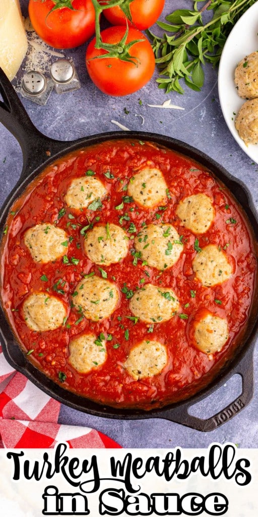 Skillet with turkey meatballs in sauce, recipe ingredients on a the countertop.