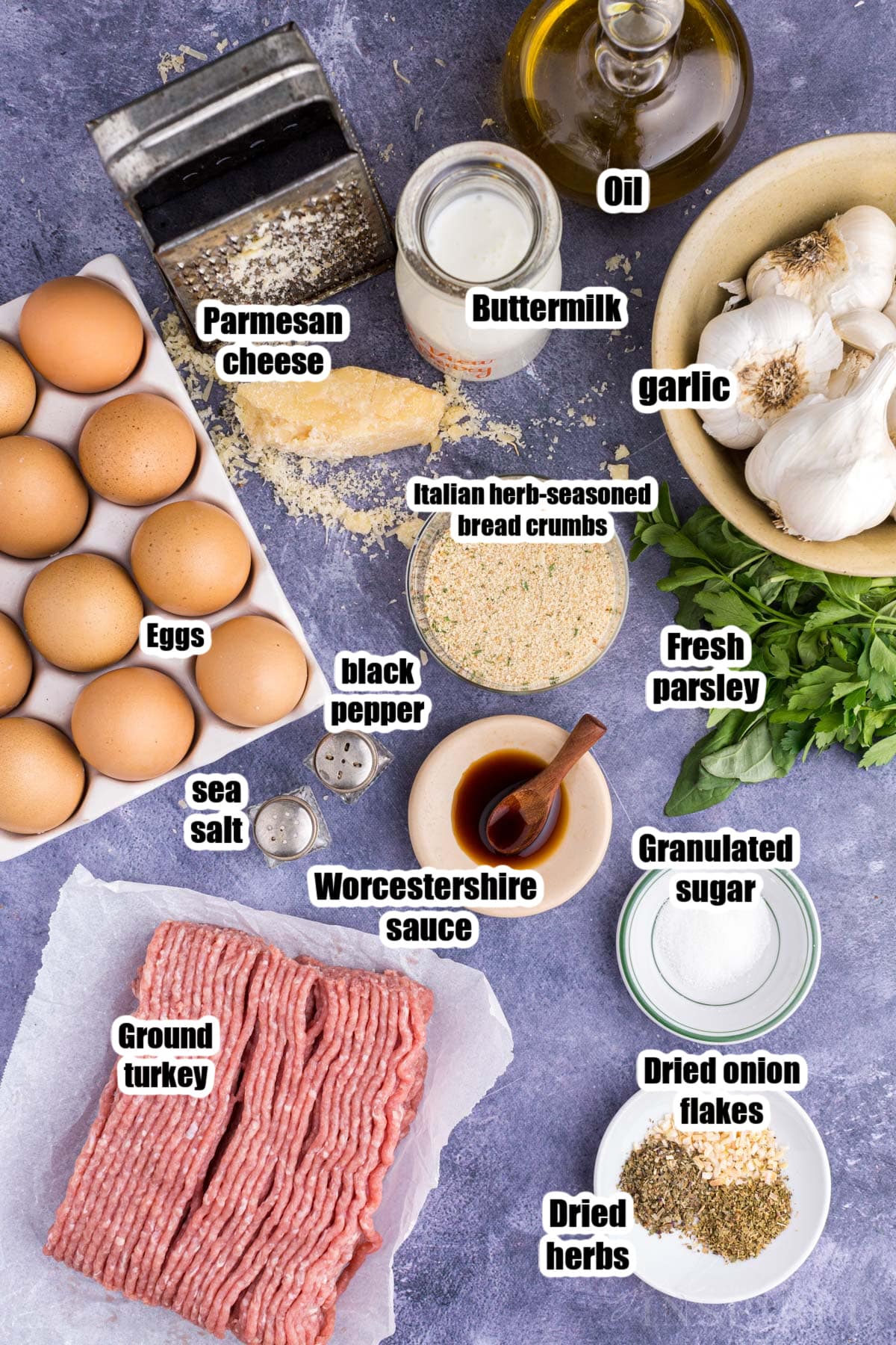 Recipe ingredients for turkey meatballs in sauce.