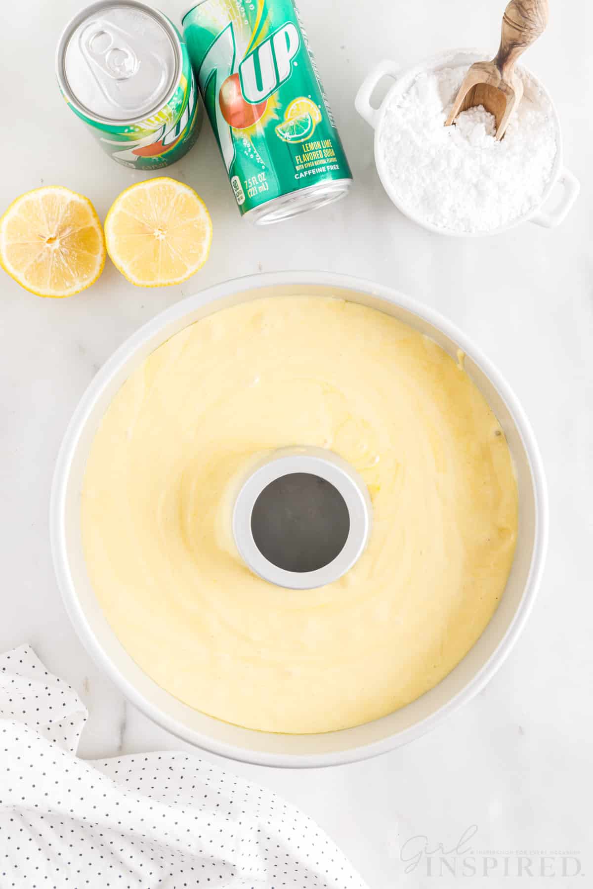 7 Up Cake with Cake Mix in a bundt cake pan.