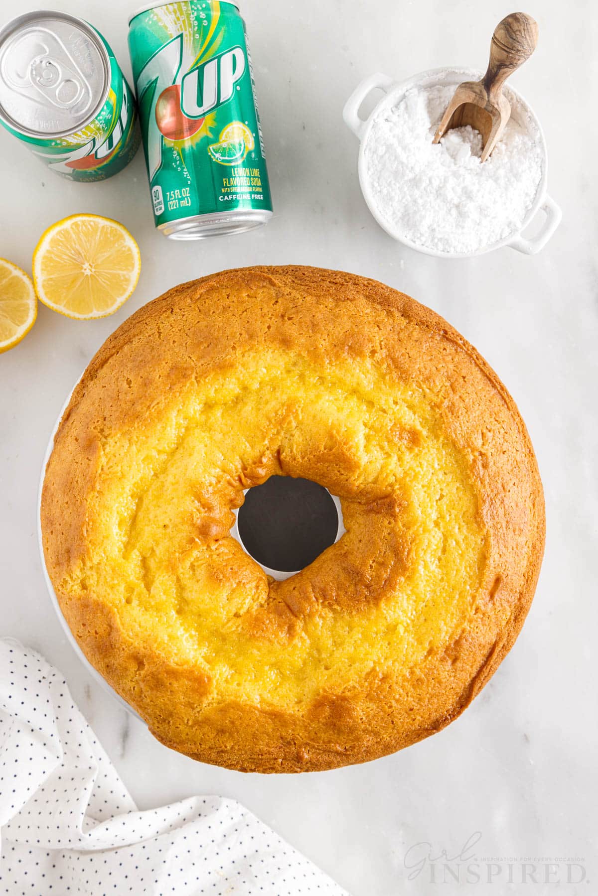 7 Up Cake with Cake Mix in a bundt pan after being baked.