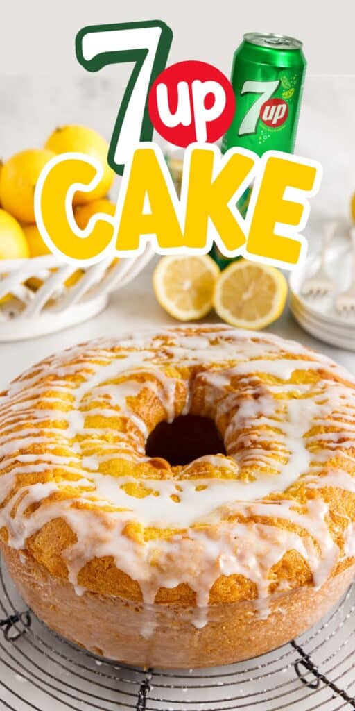 7up cake with frosting drizzling down sides on a cooling rack in front of a basket of lemons, with text title.