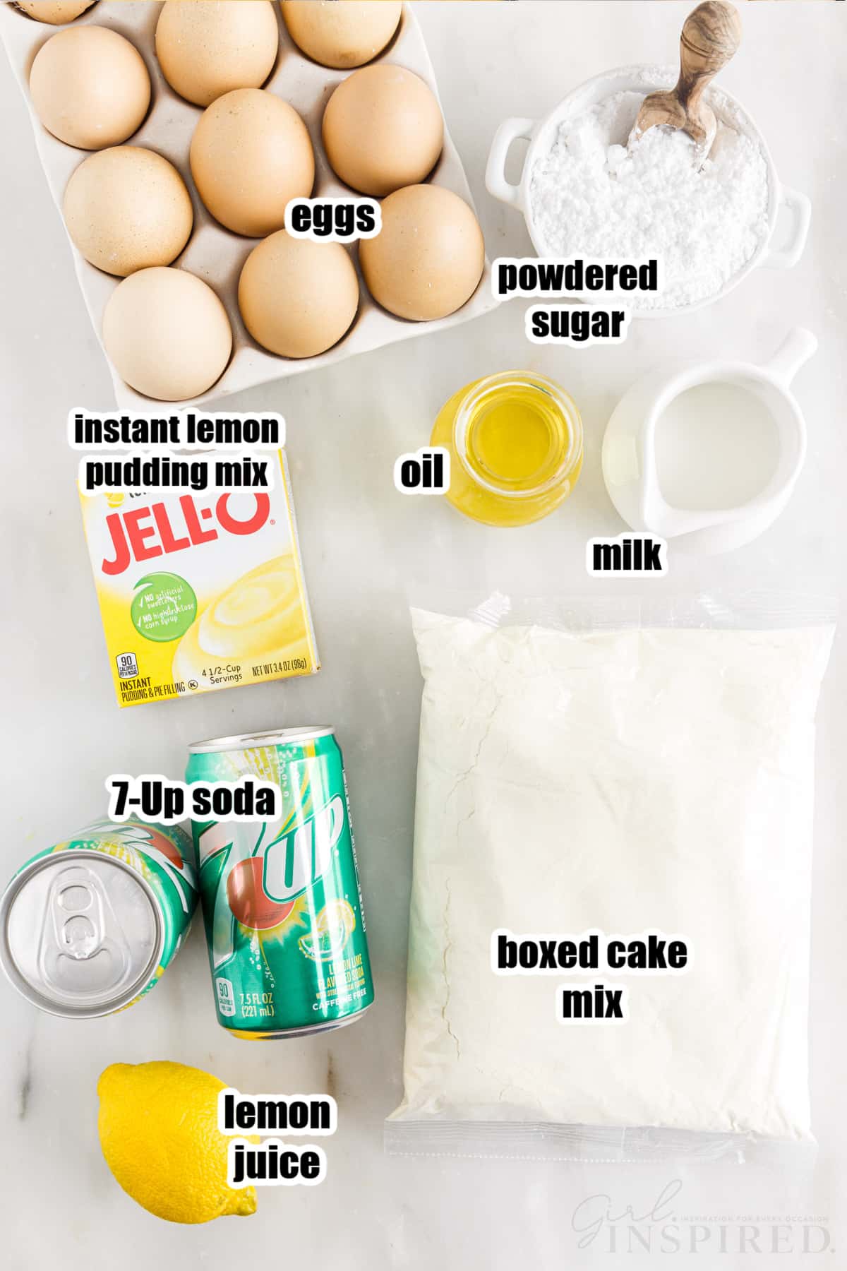Ingredients needed to make 7 Up Cake with Cake Mix.