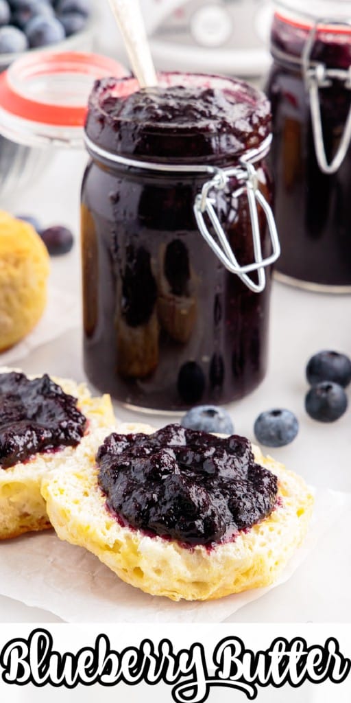 Blueberry Butter in a mason jar with a jar closed in the background and Blueberry Butter spread on scones on a marble counter top