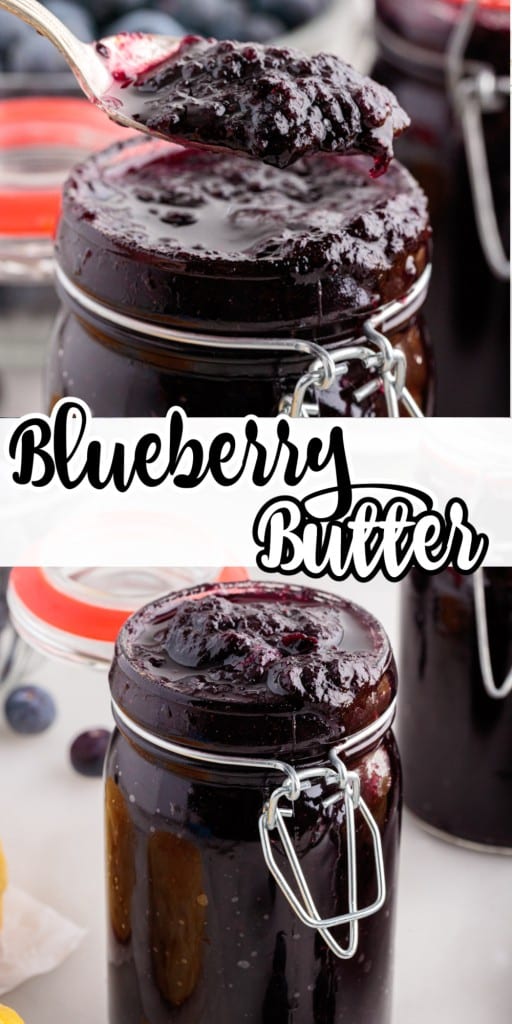 Blueberry Butter in a mason jar with a metal spoon scooping out the butter