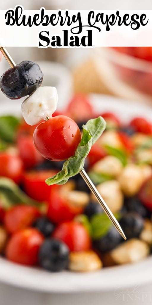 A skewer with a blueberry, piece of mozzarella, a tomato and a piece of basil with a serving dish full of Caprese Salad in the background