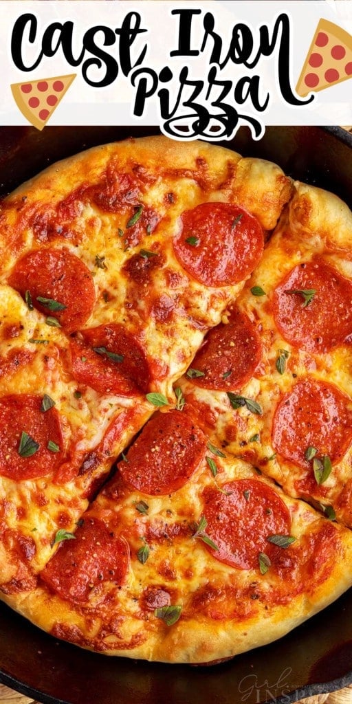 Overhead close up of Cast Iron Skillet Pepperoni Pizza in skillet.