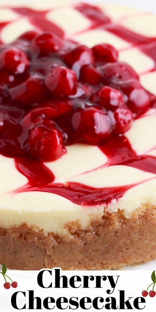 Close up of Cherry Cheesecake on a plate with cherry topping.