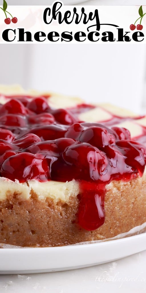 Front close up of Cherry Cheesecake with cherry pie filling dripping from the side