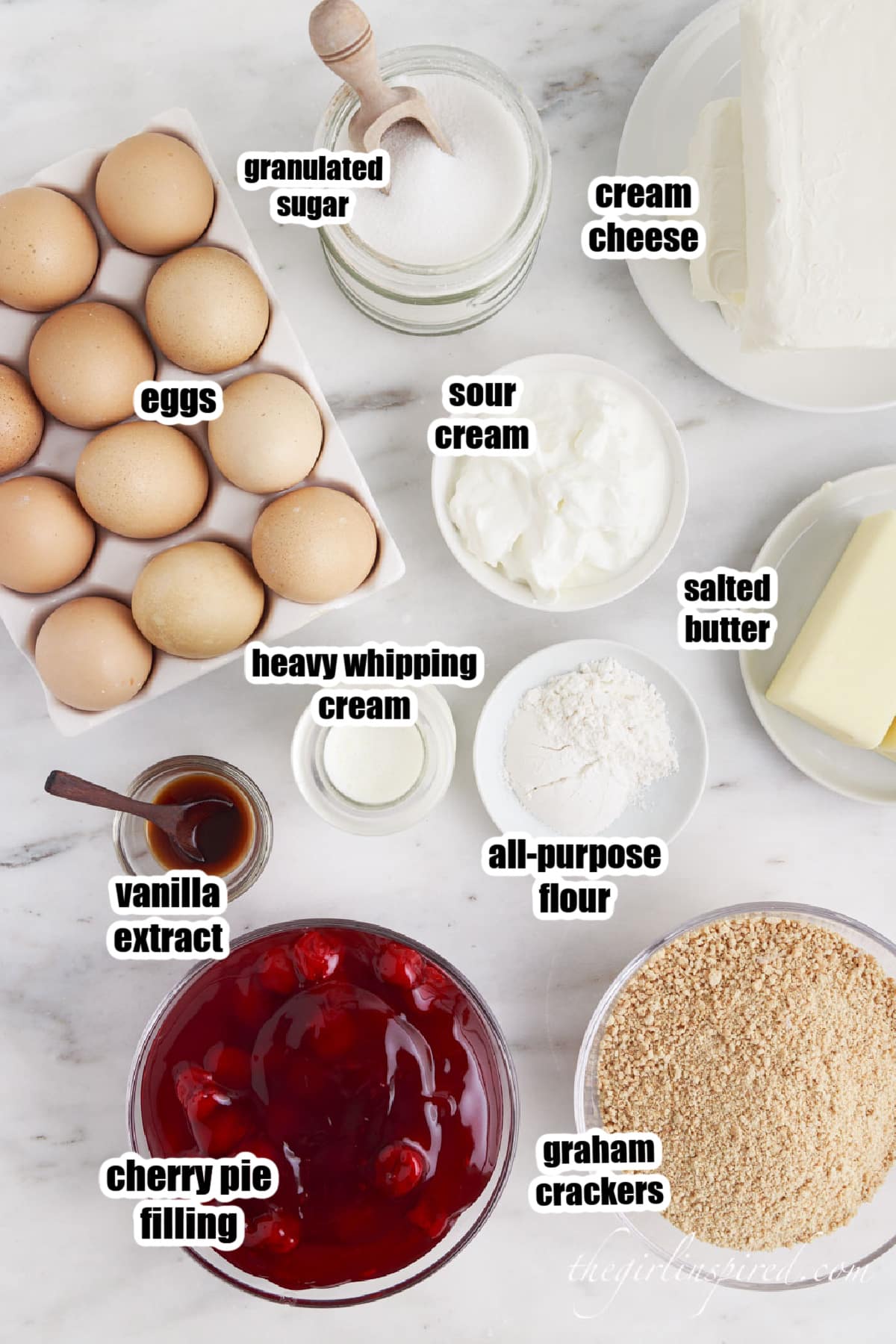 Ingredients needed to make Cherry Cheesecake.