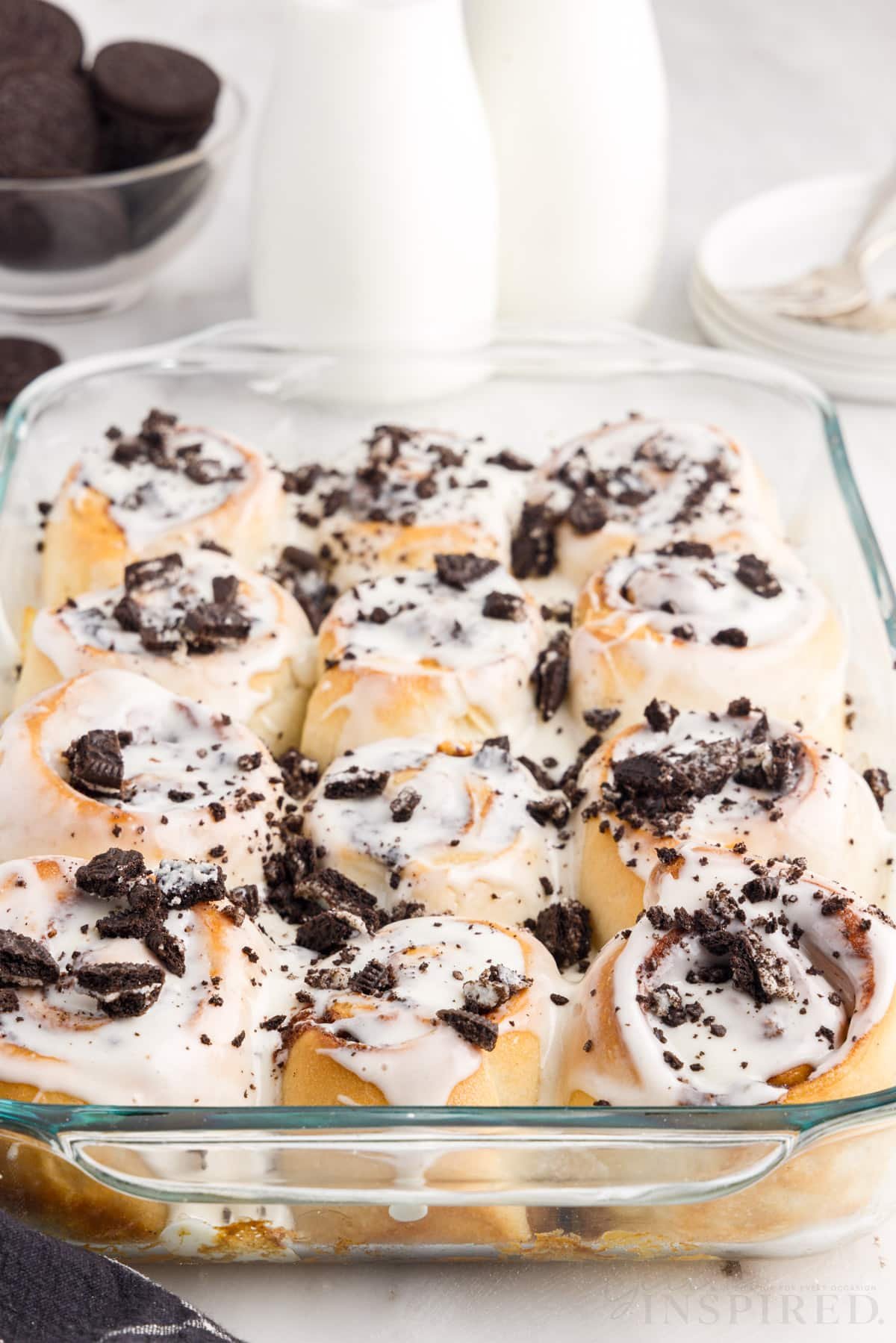 A 9x13 pan with Cookies and Cream Cinnamon Rolls in it.