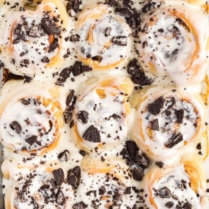 Overhead view of Cookies and Cream Cinnamon Rolls.