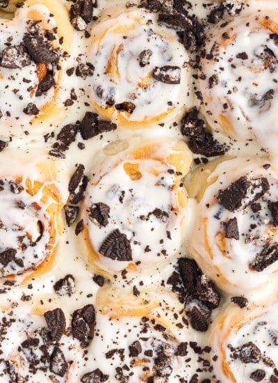 Overhead view of Cookies and Cream Cinnamon Rolls.