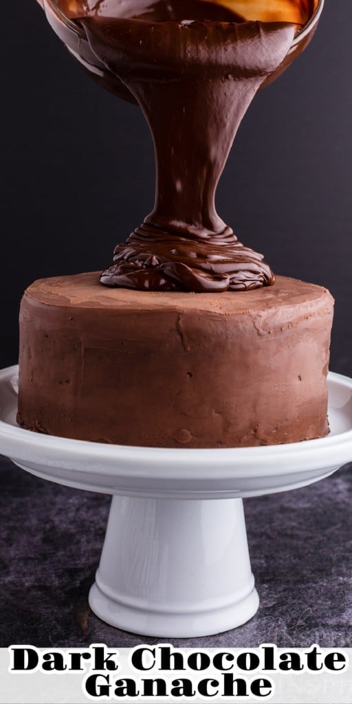 A cake on a tiered tray, Dark Chocolate Ganache being poured on top, on a black marble countertop