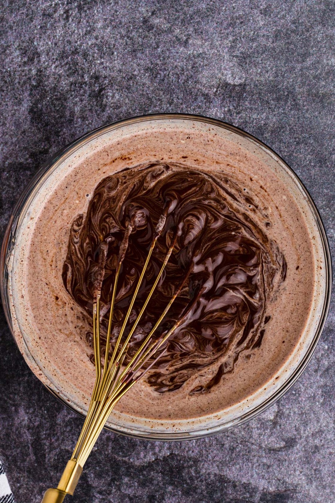 Dark Chocolate Ganache being stirred in a mixing bowl with a whisk.