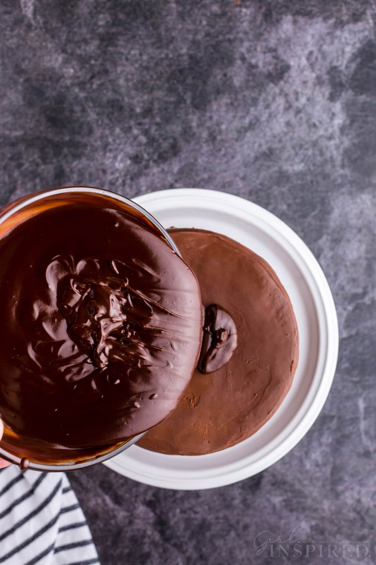 Dark Chocolate Ganache being poured over a cake.