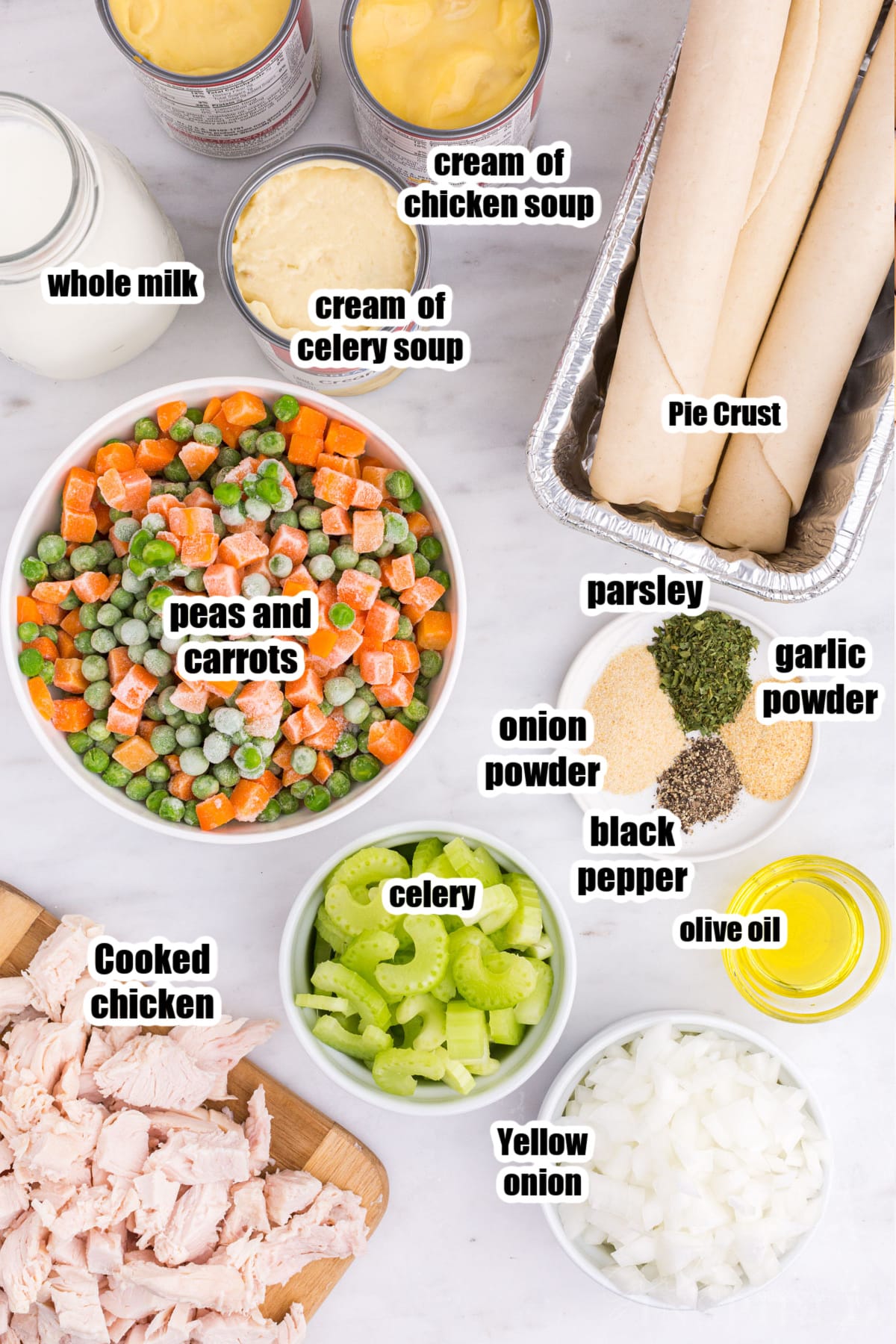 Individual ingredients for freezer chicken pot pie meals.