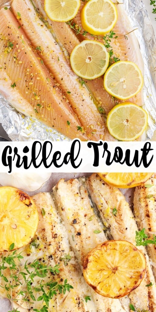 Marinated Trout with lemon wedges placed over foil, ready for grilling in the top half, close up of grilled trout in the lower half